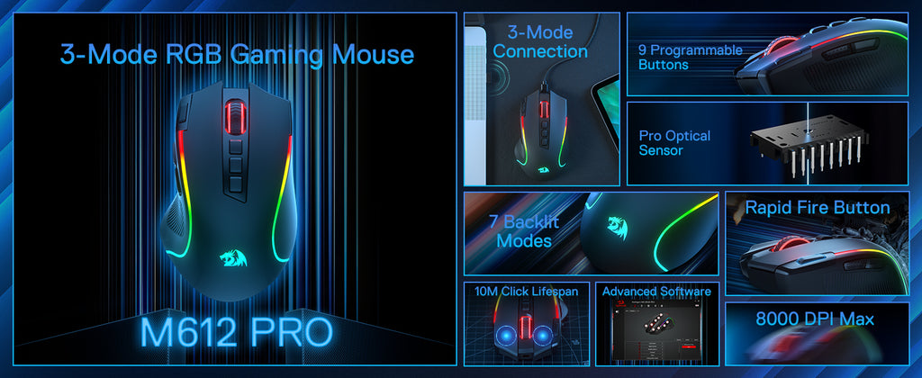 🎮 Redragon M612 PRO – Mouse Gamer RGB Wireless/Wired (11 Botões Programáveis, 8200 DPI)