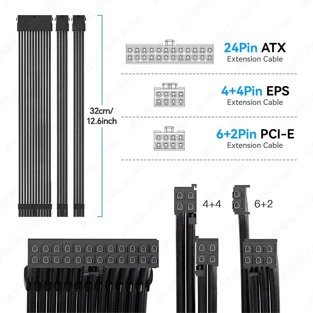 JEYI PSU Extension Cable Kit – 24Pin ATX + 8Pin EPS + 6+2Pin PCIe