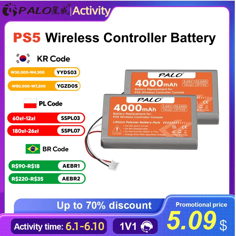 PALO 4000mAh para Controle PS5 DualSense
