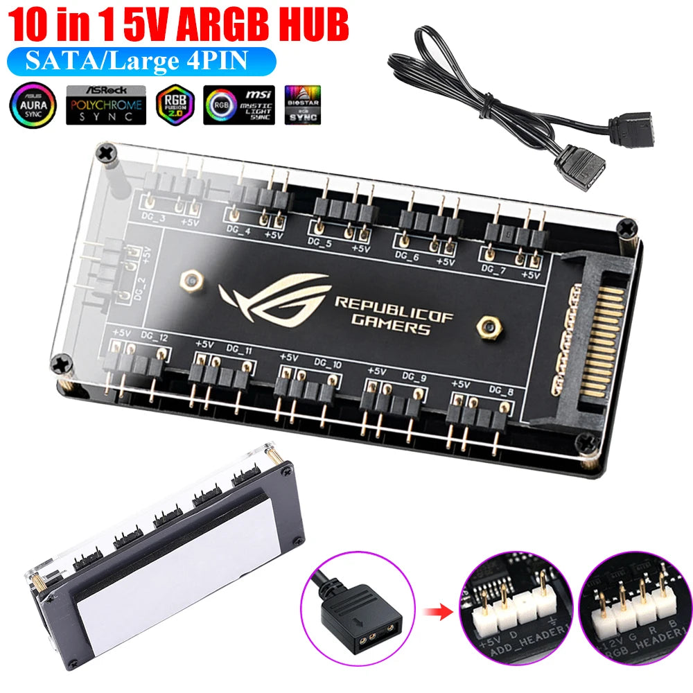 ALLOYSEED 5V 3 Pin ARGB RGBW Cable Hub Splitter – 10 in 1 for PC 