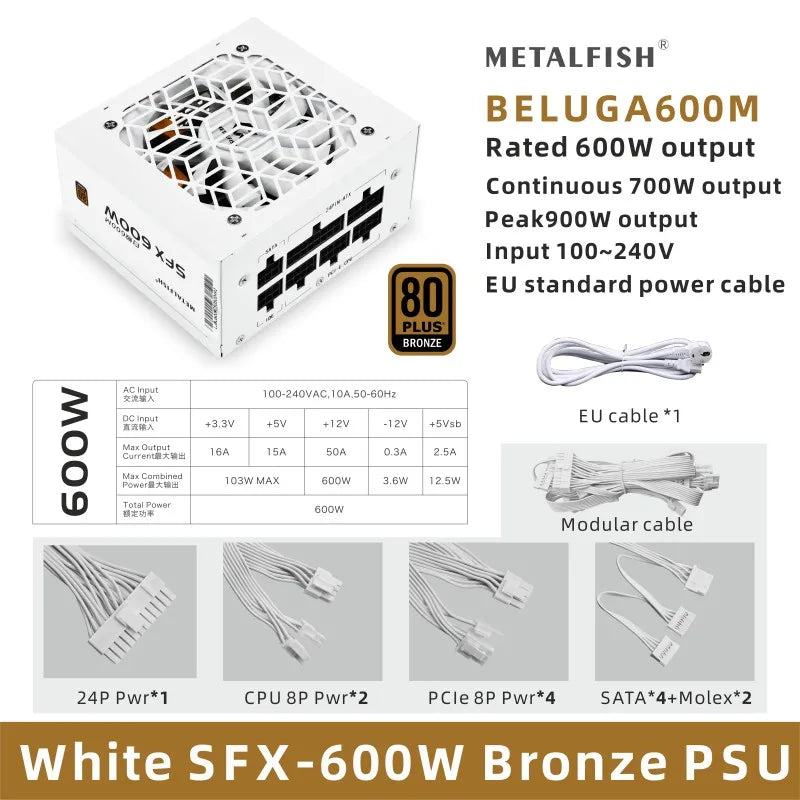 ⚡ METALFISH SFX 600W – Fonte Full Modular 80 Plus Bronze | White Edition ⚡