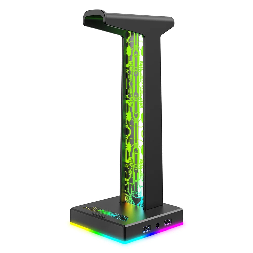 Suporte para Headset Gamer RGB – 10 Efeitos de Luz | Porta USB & Áudio 3.5mm | Suporte de Mesa