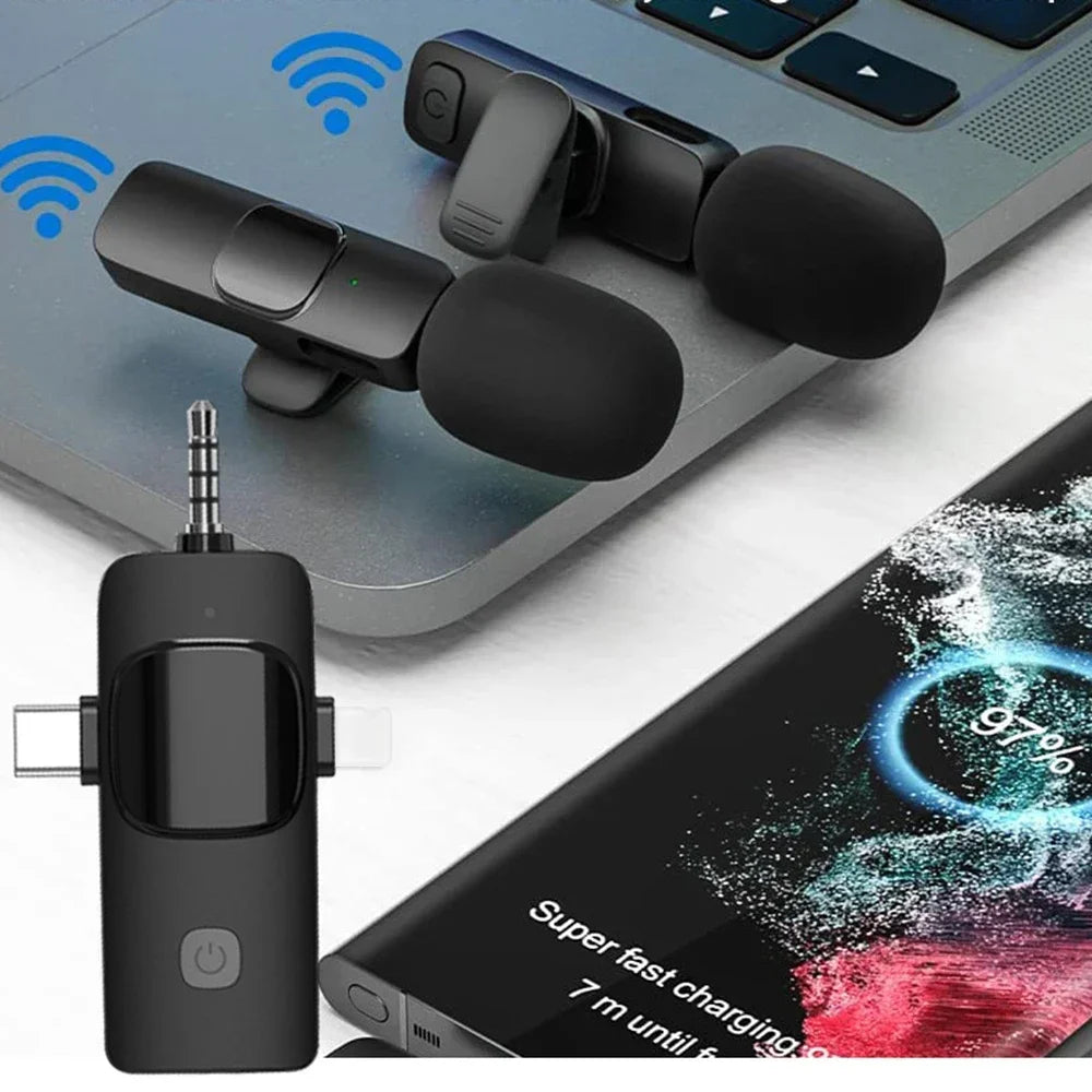 Microfone Sem Fio 4 em 1 Basix – Qualidade Profissional para iPhone, Android e Câmera