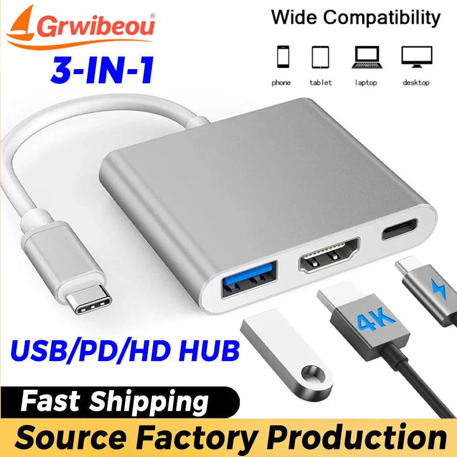 Hub USB-C 3 em 1 — HDMI 4K + USB 3.0 + Power Delivery 🎮⚡