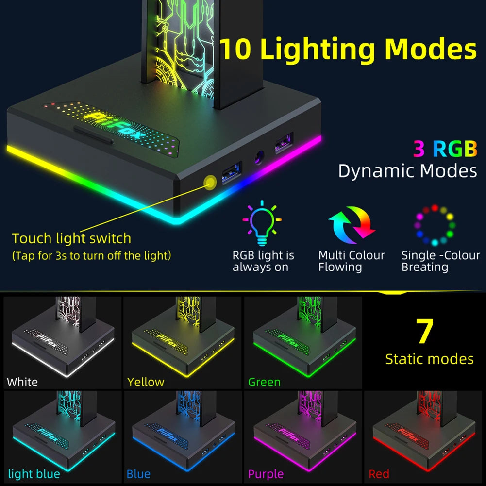 Suporte para Headset Gamer RGB – 10 Efeitos de Luz | Porta USB & Áudio 3.5mm | Suporte de Mesa