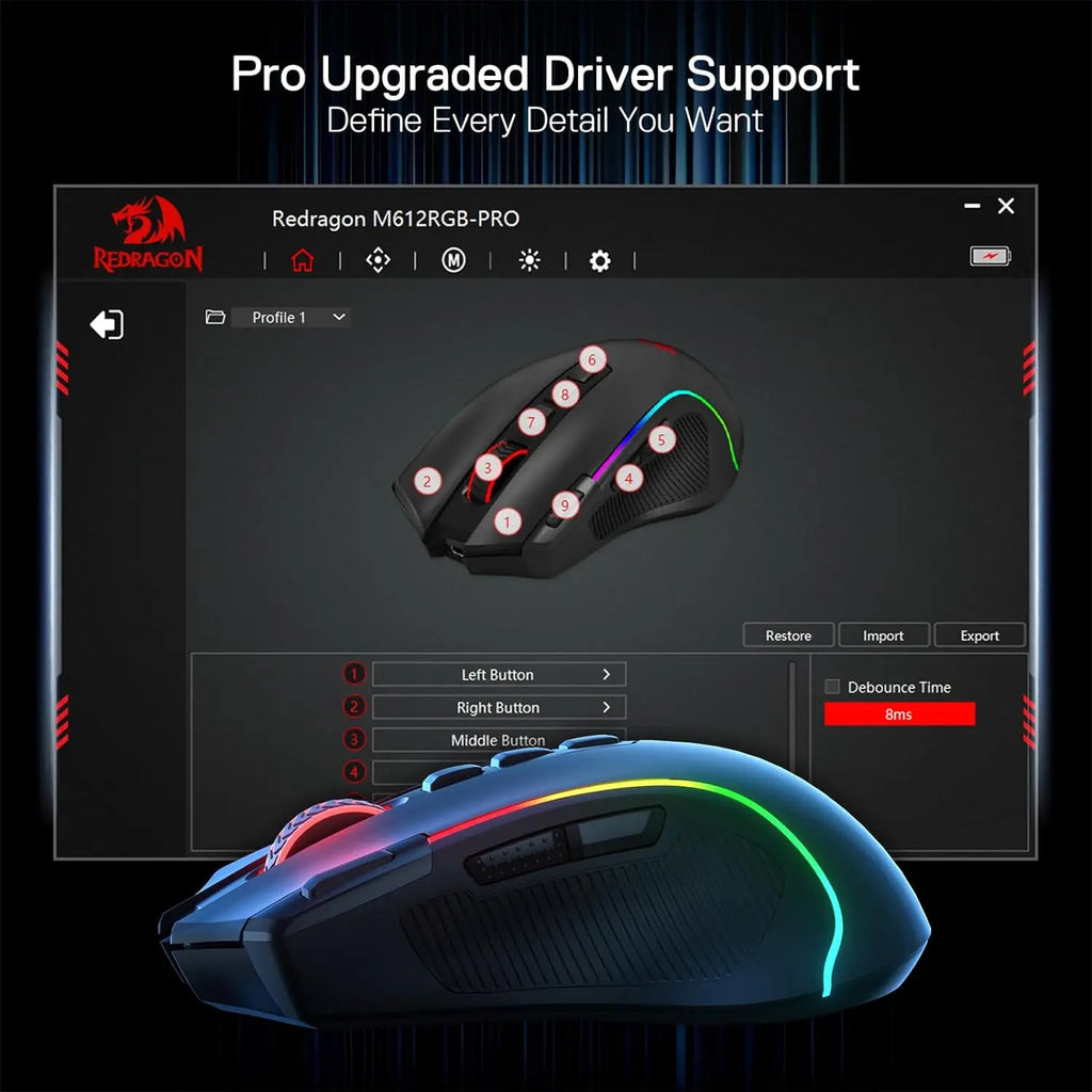 🎮 Redragon M612 PRO – Mouse Gamer RGB Wireless/Wired (11 Botões Programáveis, 8200 DPI)