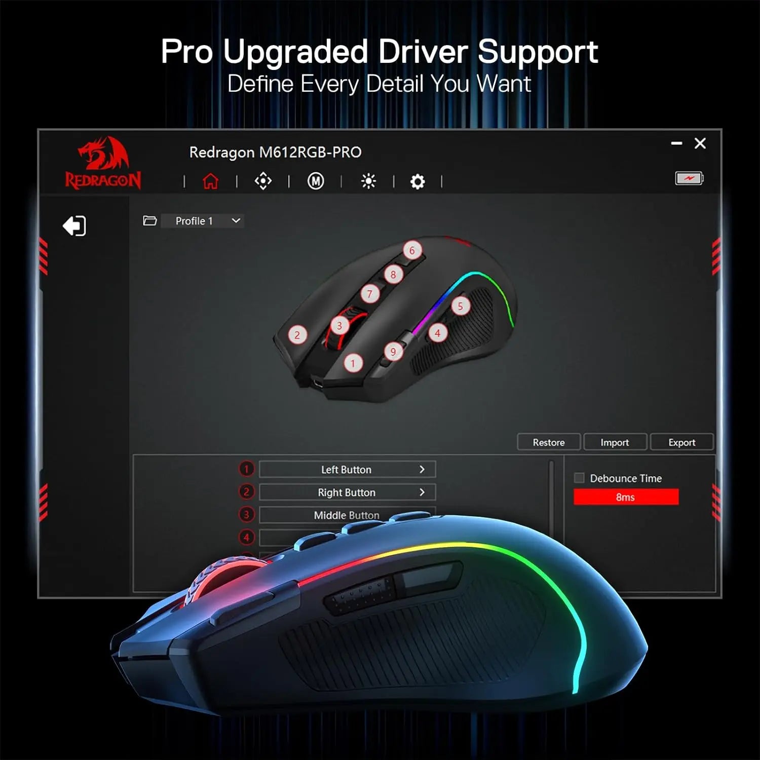 🎮 Redragon M612 PRO – Mouse Gamer RGB Wireless/Wired (11 Botões Programáveis, 8200 DPI)