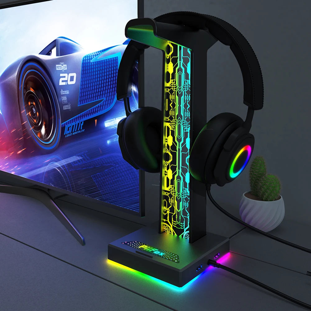 Suporte para Headset Gamer RGB – 10 Efeitos de Luz | Porta USB & Áudio 3.5mm | Suporte de Mesa