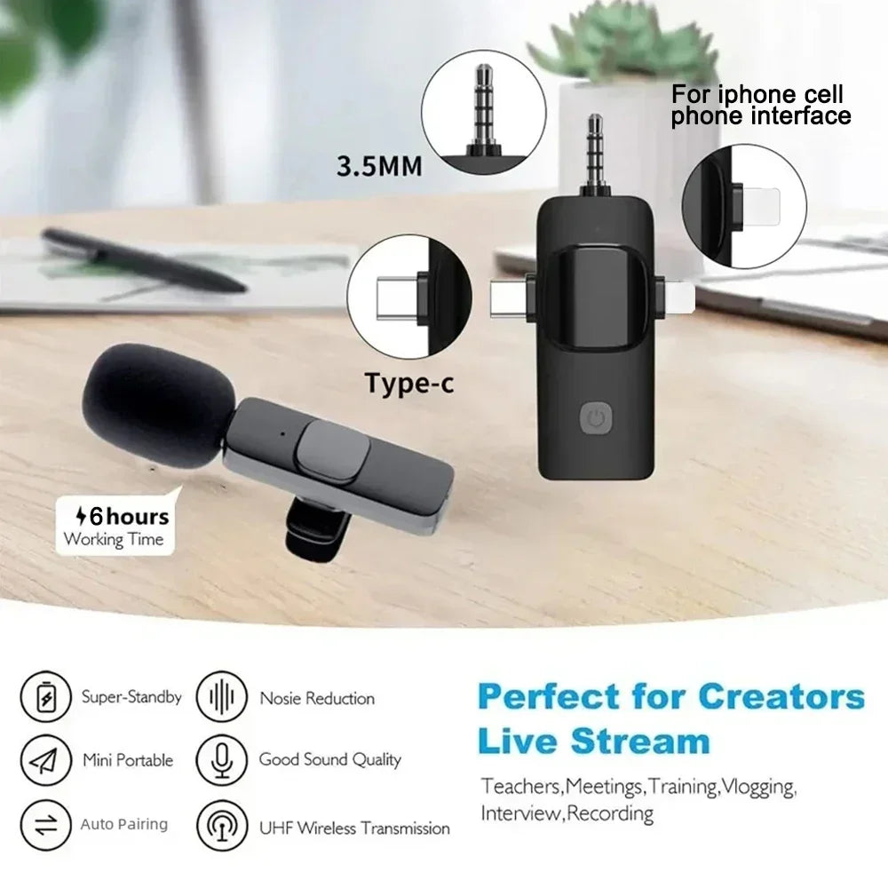 Microfone Sem Fio 4 em 1 Basix – Qualidade Profissional para iPhone, Android e Câmera