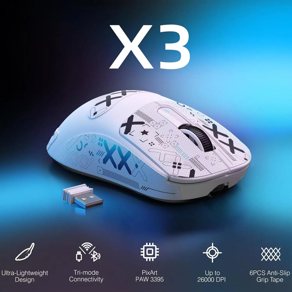 ATTACK SHARK X3 Mouse Gamer Wireless Ultra Leve 49g | Sensor PAW3395 26K DPI | Tri-Mode | 200h Bateria | 5 Botões Programáveis
