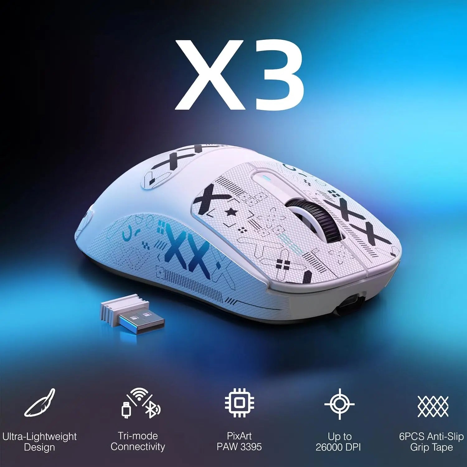 ATTACK SHARK X3 Mouse Gamer Wireless Ultra Leve 49g | Sensor PAW3395 26K DPI | Tri-Mode | 200h Bateria | 5 Botões Programáveis
