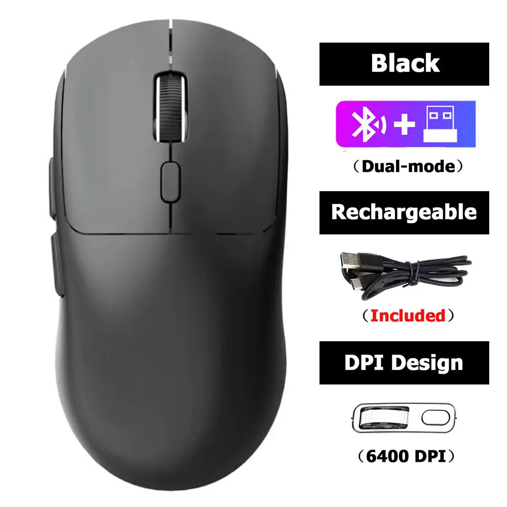 Mouse Gamer Wireless Recarregável YTYIN 6400 DPI | Bluetooth + 2.4G | Silencioso | Alta Precisão para PC, iPad, Notebook