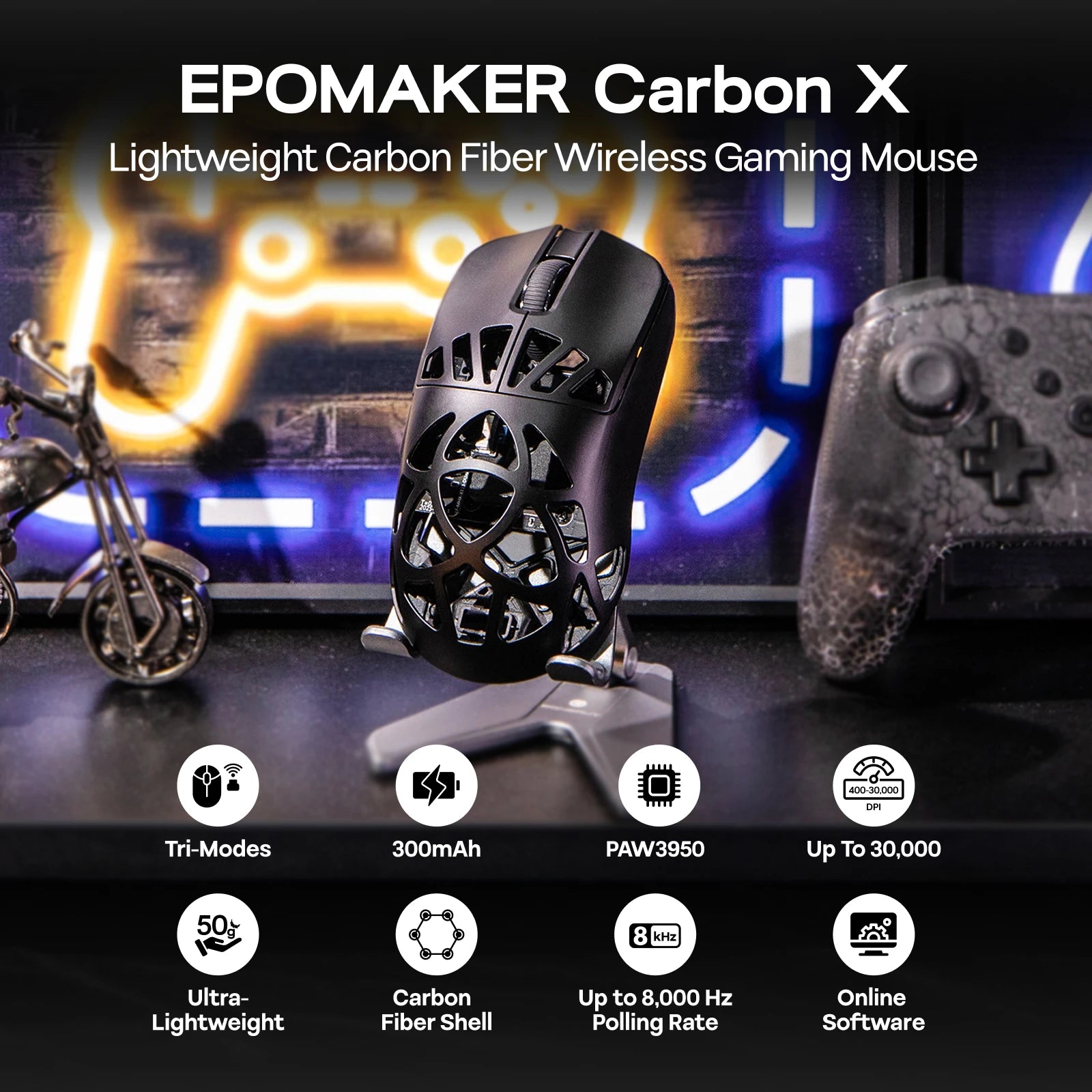 Mouse Gamer EPOMAKER Carbon X – 30.000 DPI | Ultra Leve | Sensor Profissional