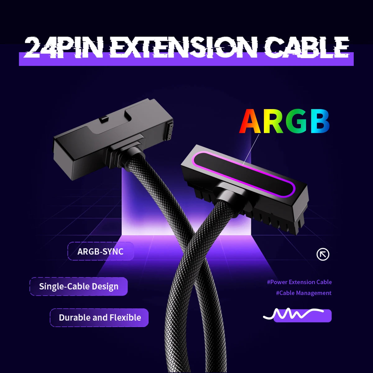 AIJS ATX 24PIN Extension Cable with ARGB – 90° Angled Male-Female Connectors 