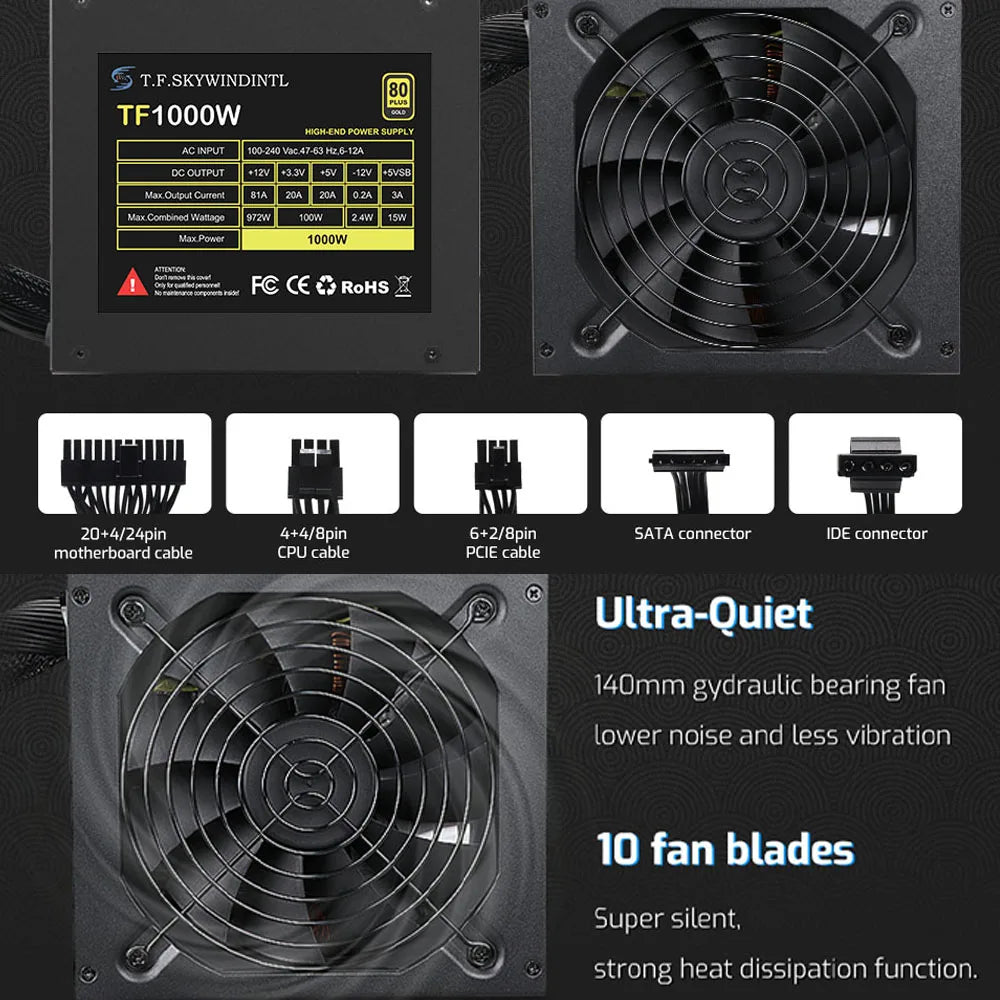 T.F.SKYWINDINTL 1000W 80 Plus Gold ATX Power Supply