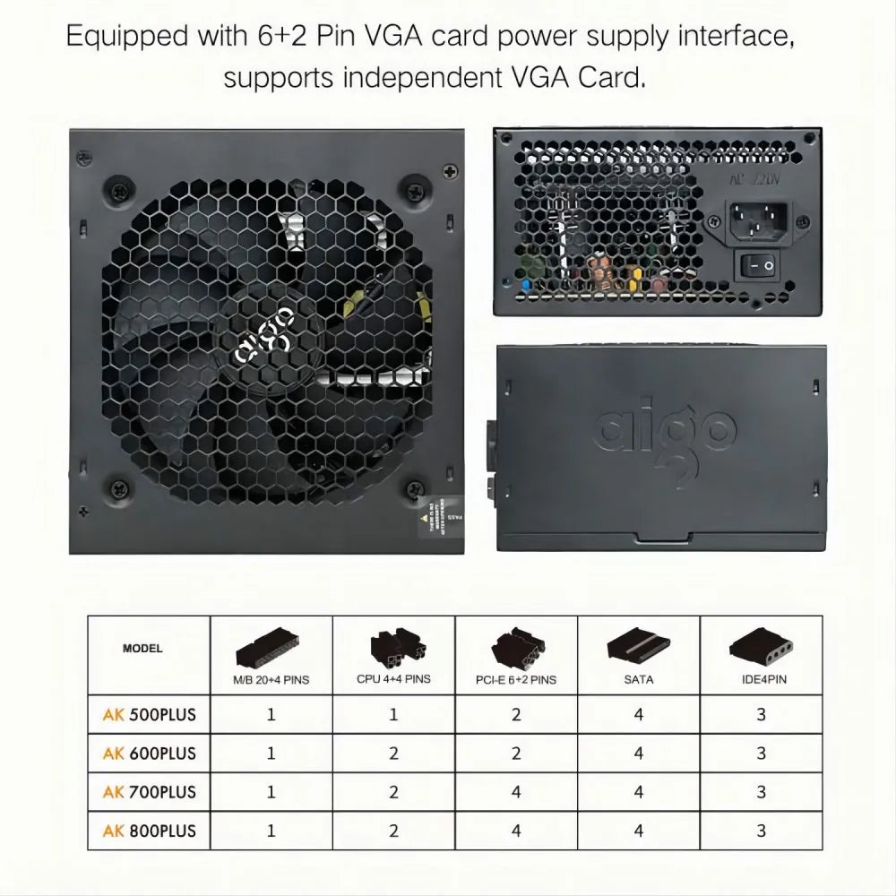 ⚡ Aigo AK800 – Fonte ATX 800W | Gamer | RGB | Silenciosa | 24PIN | PC Desktop / Server / BTC ⚡