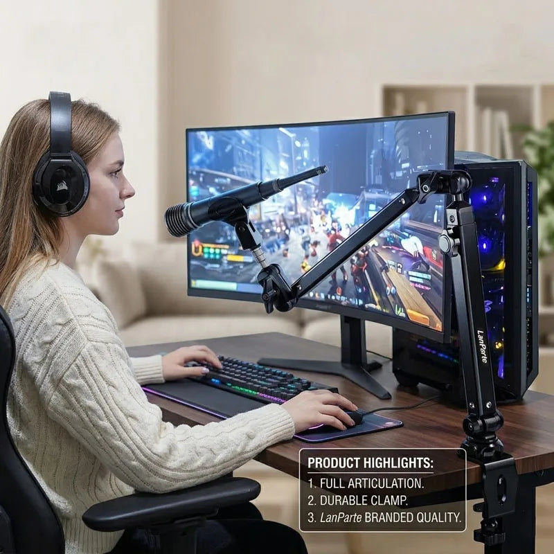 Braço Profissional para Microfone em Alumínio – Rotação 360°, Ajuste Telescópico e Design sem Molas