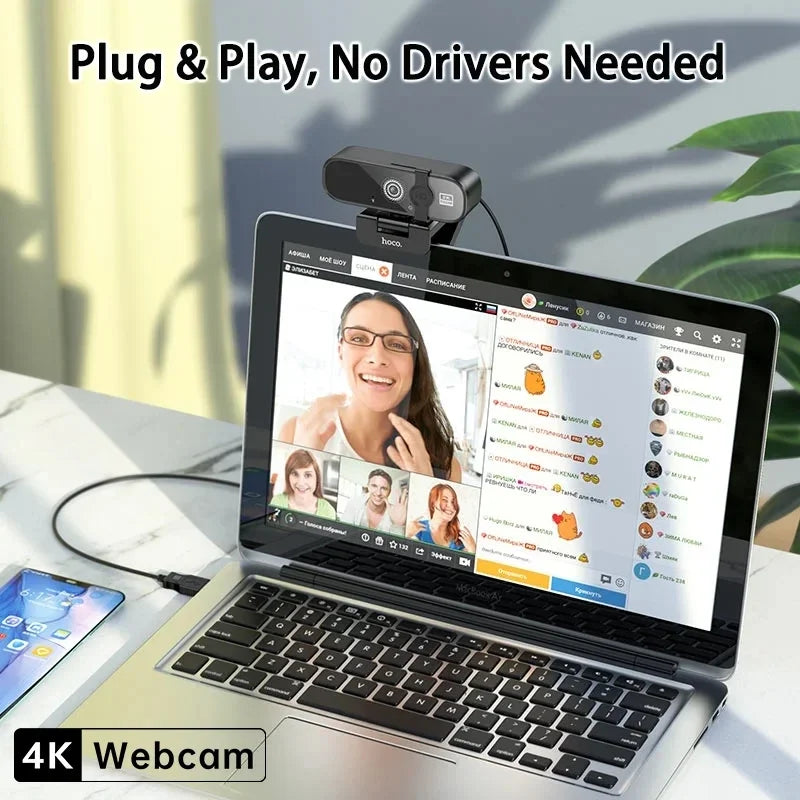 Webcam 4K HD com Microfone – Autofocus Ultra Nítido