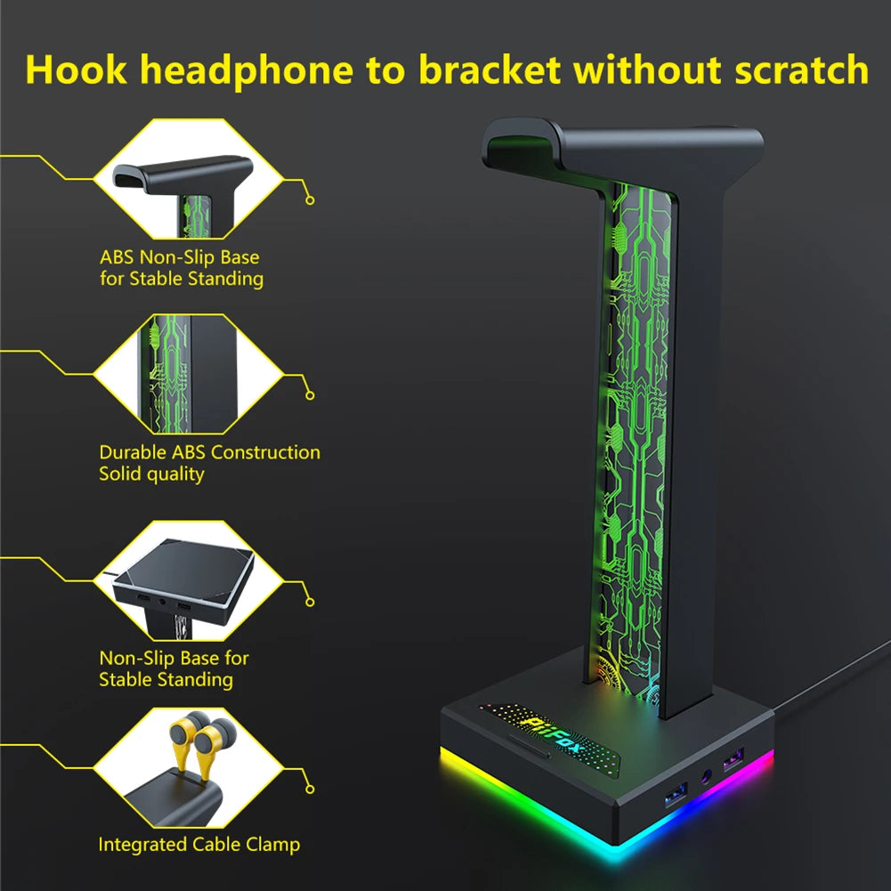 Suporte para Headset Gamer RGB – 10 Efeitos de Luz | Porta USB & Áudio 3.5mm | Suporte de Mesa