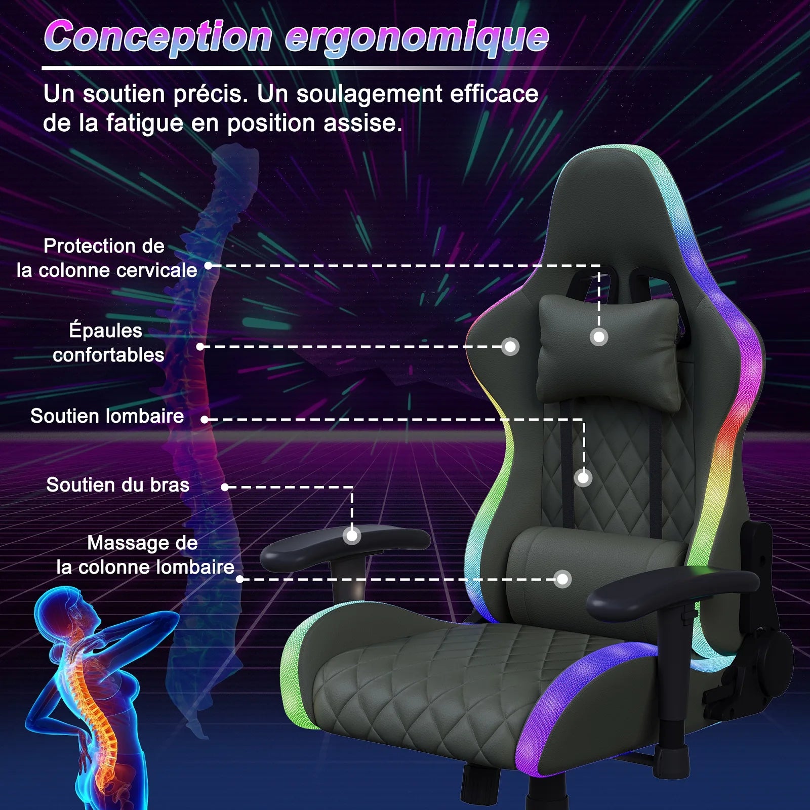 Cadeira Gamer Ergonômica com Massagem e LED RGB