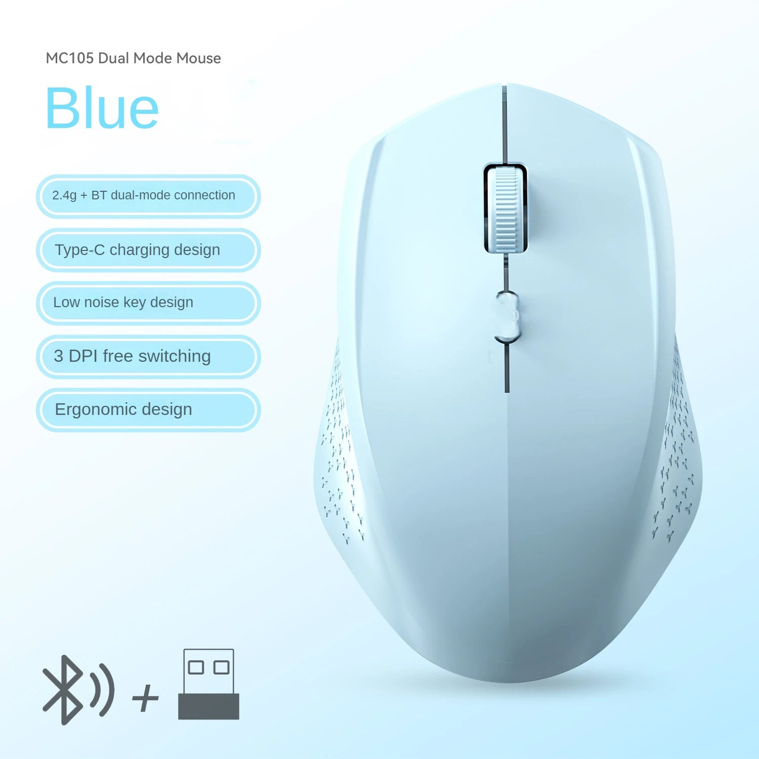 Mouse Bluetooth 5.2 + 2.4G Sem Fio Recarregável,