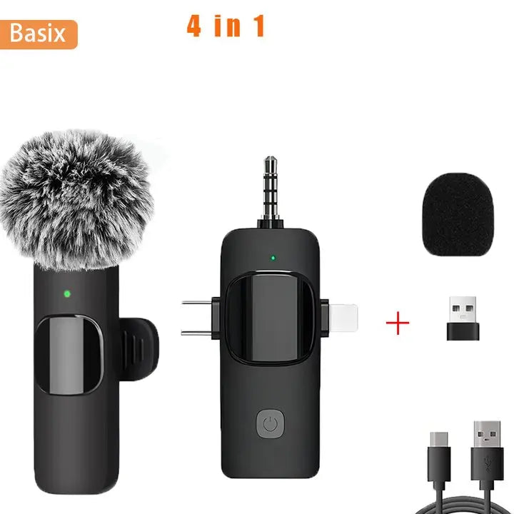Microfone Sem Fio 4 em 1 Basix – Qualidade Profissional para iPhone, Android e Câmera