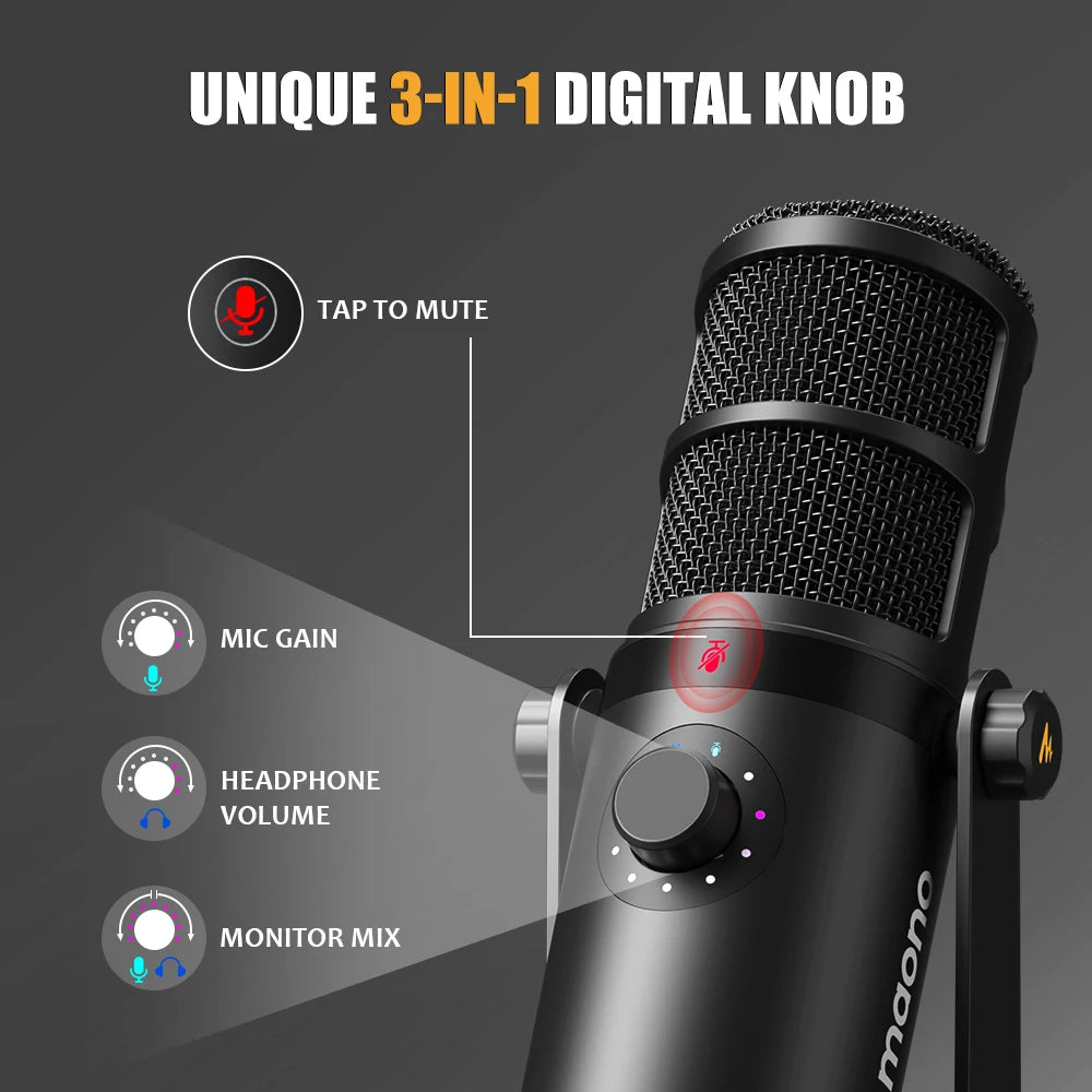 MAONO PD400X – Microfone Dinâmico USB/XLR Profissional para Podcast, Streaming e Gravação