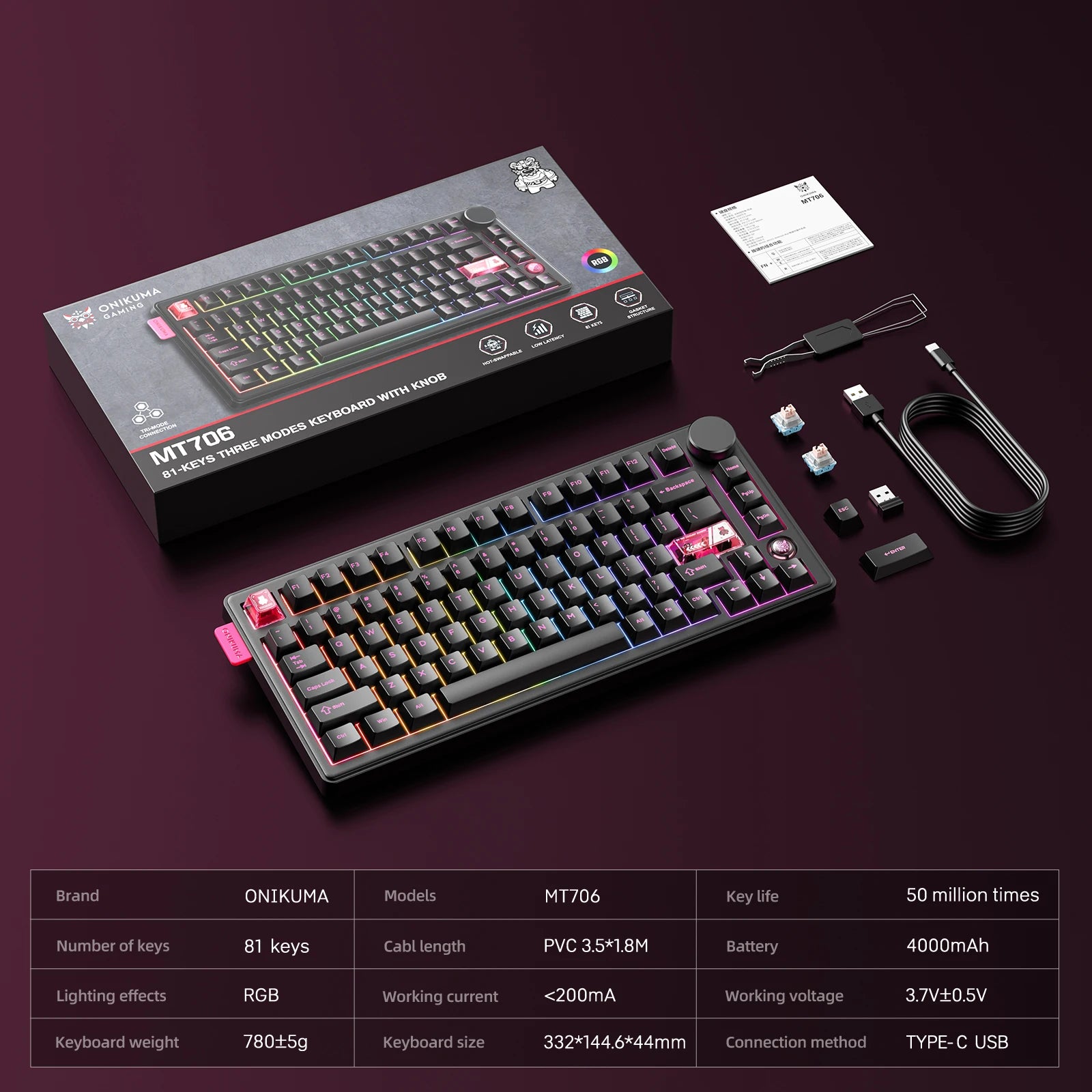 Teclado Mecânico Gamer RGB ONIKUMA MT706 – 81 Teclas | Wireless + Bluetooth