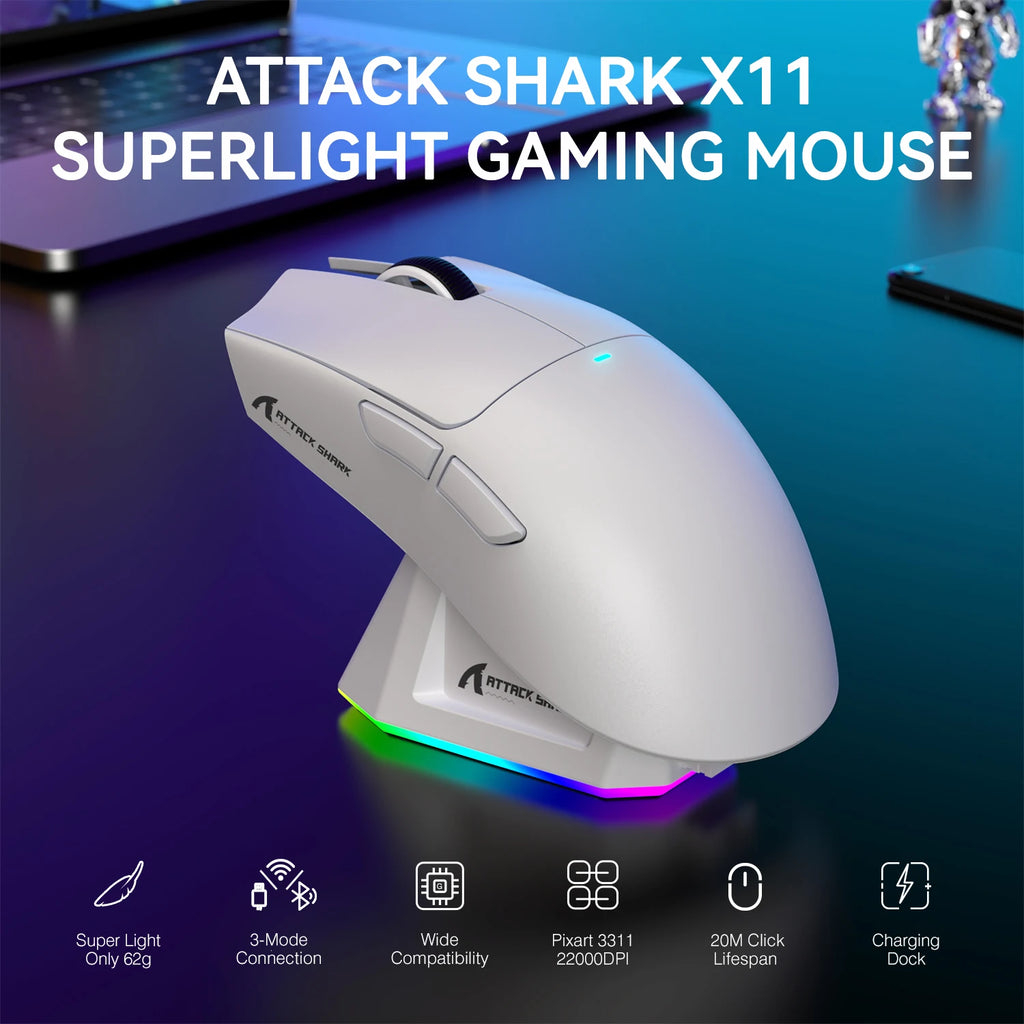 🖱️ Mouse Gamer Wireless ATTACK SHARK X11 – Ultraleve 59g | RGB | Sensor PAW3311 | Até 22.000 DPI | Recarregável