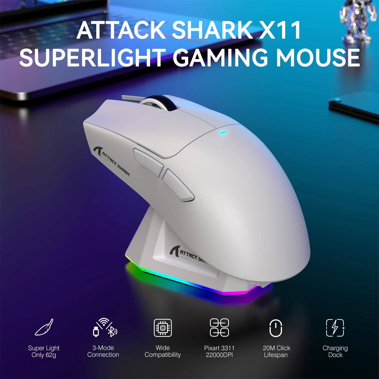🖱️ Mouse Gamer Wireless ATTACK SHARK X11 – Ultraleve 59g | RGB | Sensor PAW3311 | Até 22.000 DPI | Recarregável