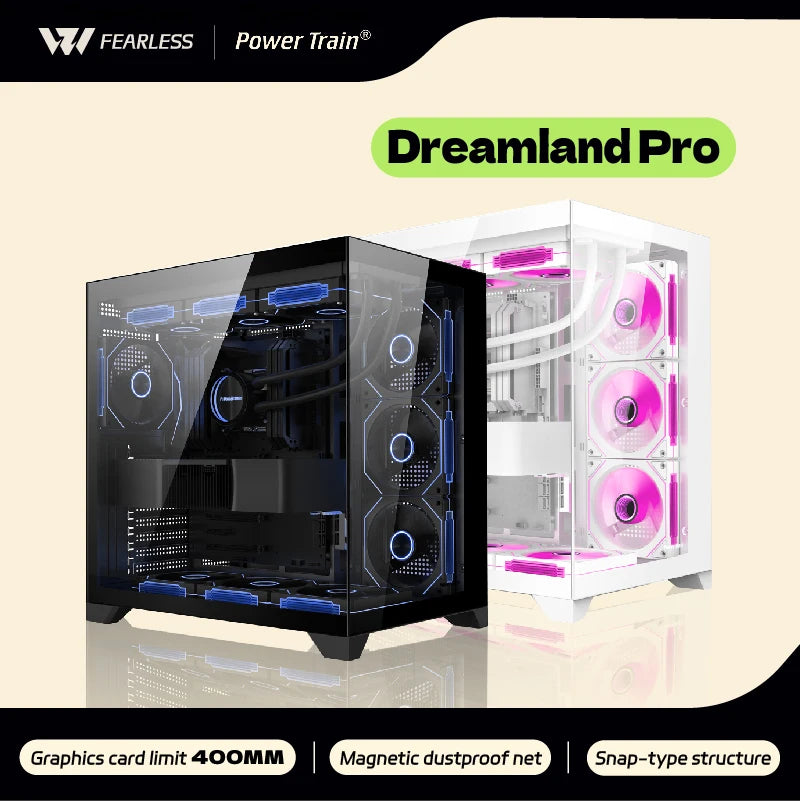 Power Train Dreamland PRO – Gabinete Gamer ATX com Vidro Duplo e Refrigeração Líquida
