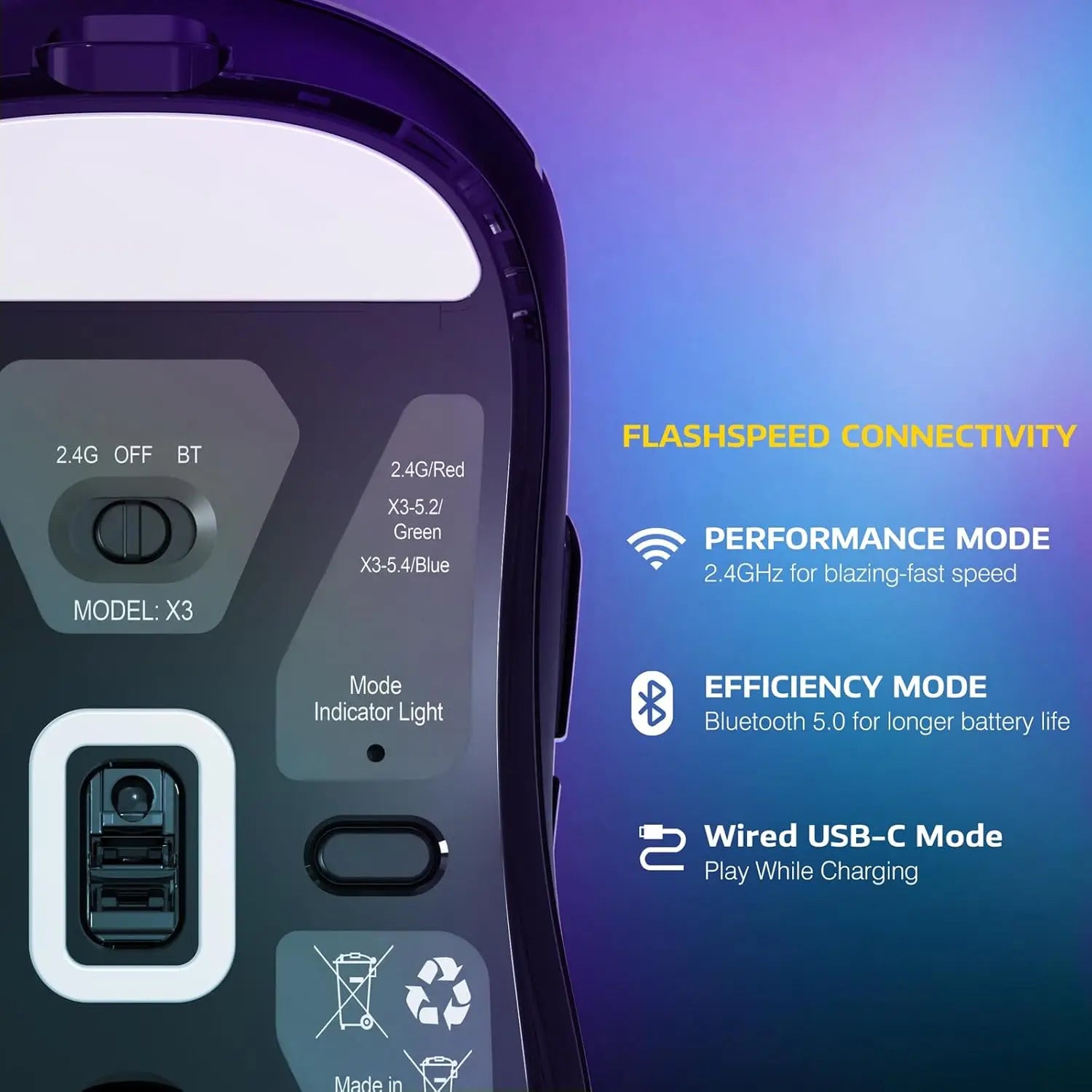 ATTACK SHARK X3 Mouse Gamer Wireless Ultra Leve 49g | Sensor PAW3395 26K DPI | Tri-Mode | 200h Bateria | 5 Botões Programáveis