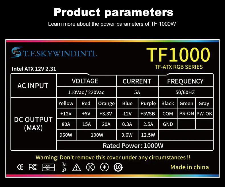 ⚡💻 Fonte de Alimentação T.F.SKYWINDINTL TF1000 – 1000W Full Modular 80 Plus Gold 💻⚡