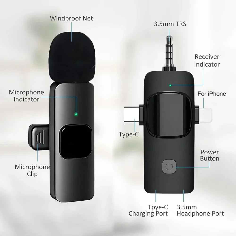 Microfone Sem Fio 4 em 1 Basix – Qualidade Profissional para iPhone, Android e Câmera