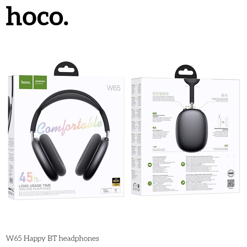 Auscultadores Bluetooth HOCO W65 Over-Ear HiFi | 45h Bateria | Bluetooth 5.4 | Microfone | Gaming e Música para iPhone e Android