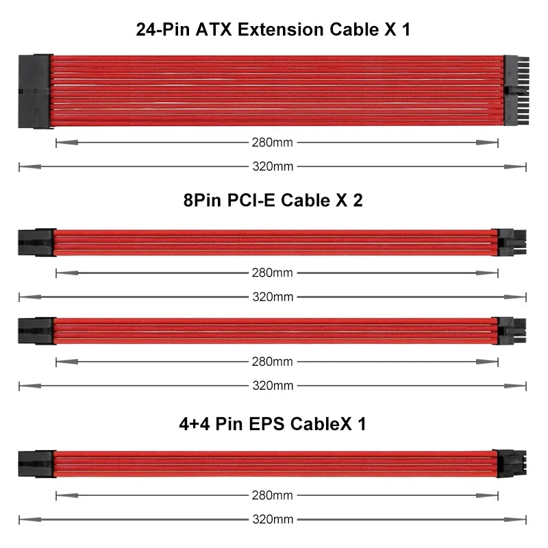 Kit de Cabos Sleeved 18AWG para Fonte ATX – Extensão PSU 30cm (24pin / CPU / GPU)