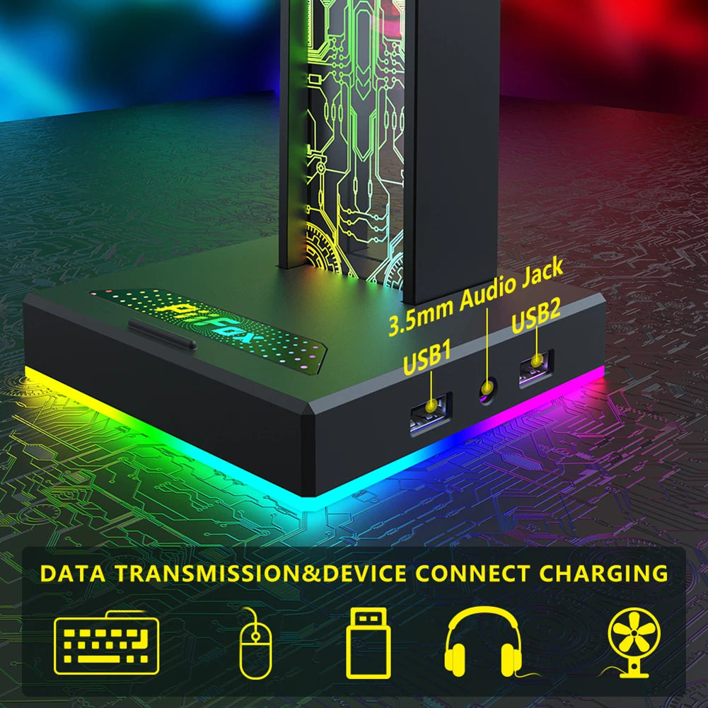 Suporte para Headset Gamer RGB – 10 Efeitos de Luz | Porta USB & Áudio 3.5mm | Suporte de Mesa