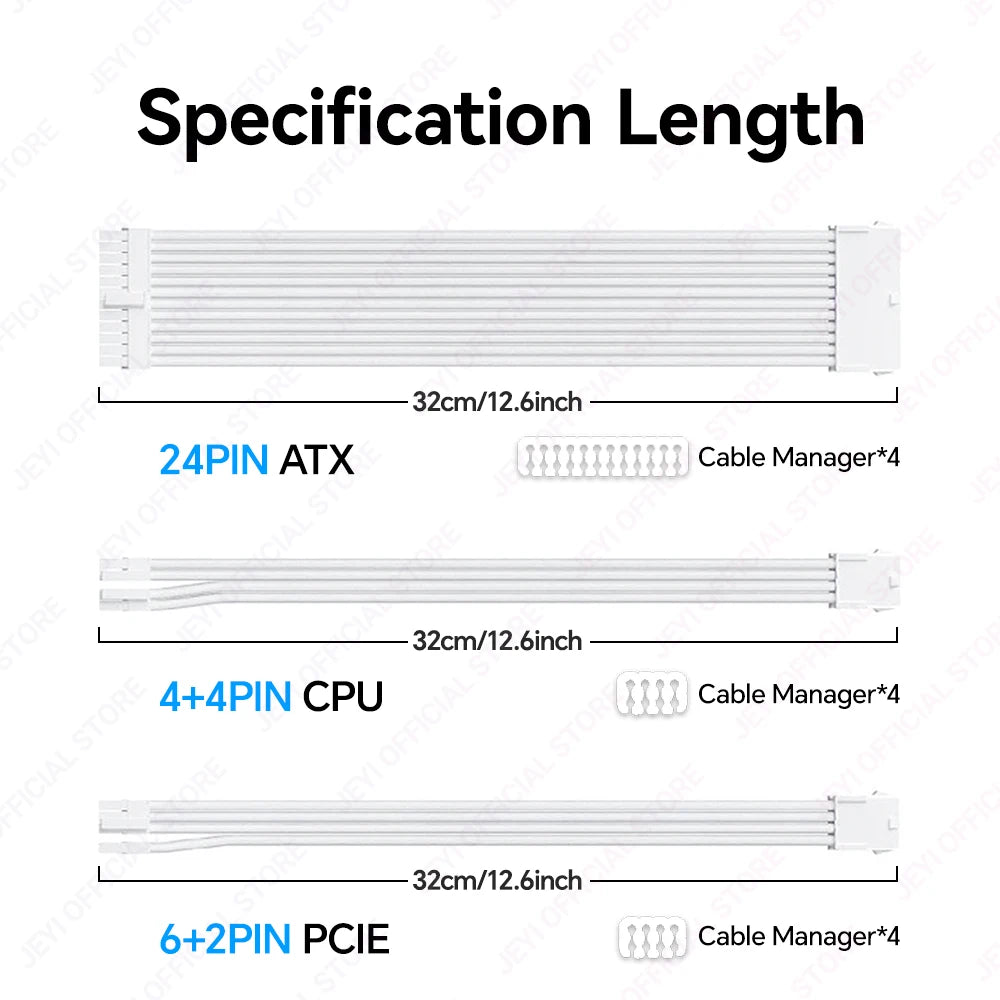 JEYI PSU Extension Cable Kit – 24Pin ATX + 8Pin EPS + 6+2Pin PCIe