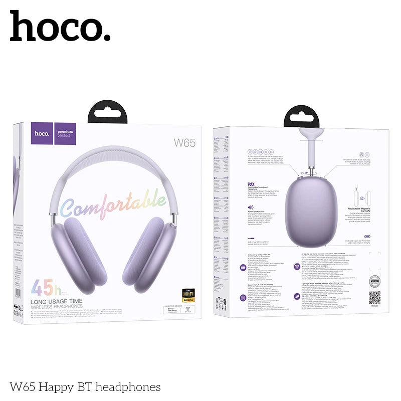 Auscultadores Bluetooth HOCO W65 Over-Ear HiFi | 45h Bateria | Bluetooth 5.4 | Microfone | Gaming e Música para iPhone e Android