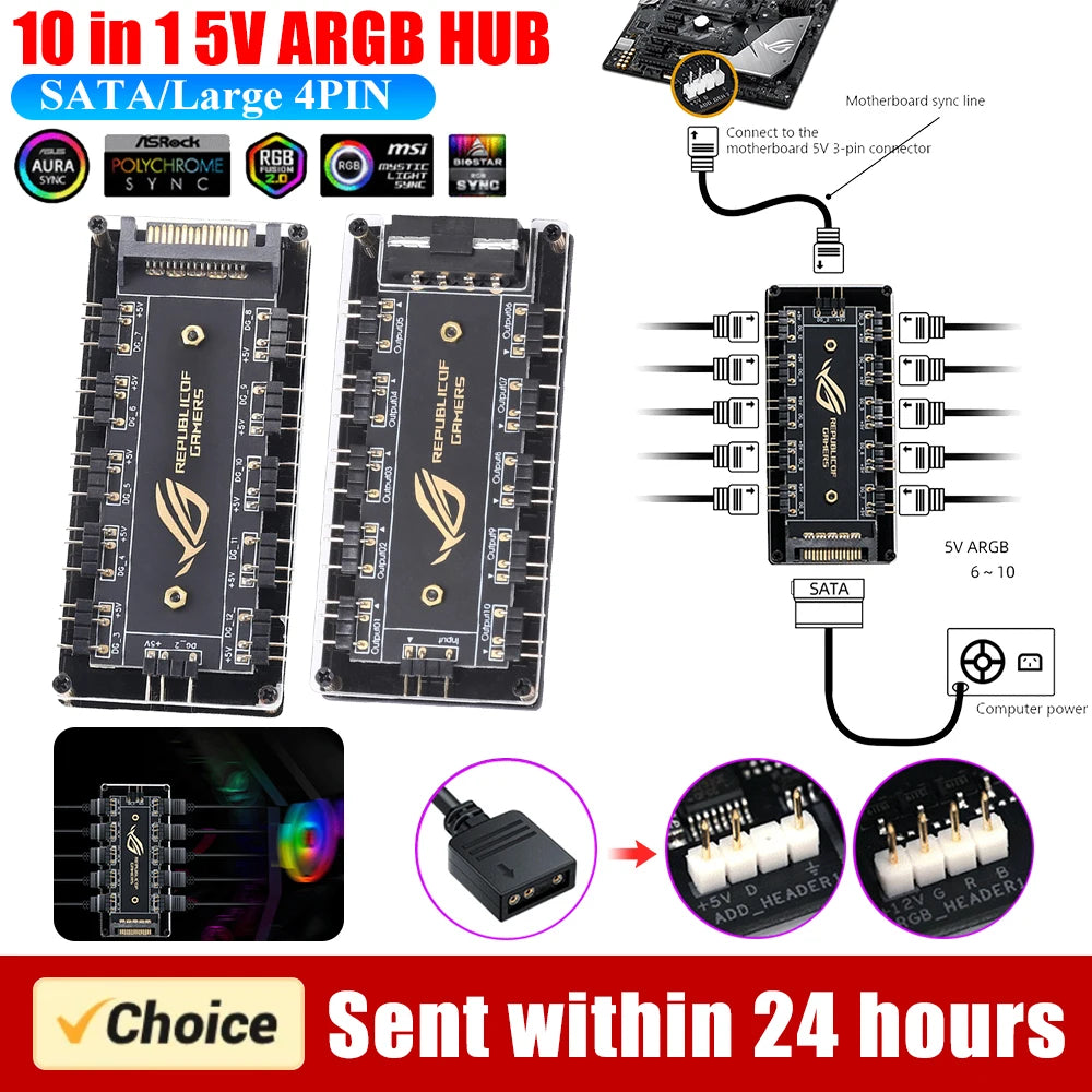 ALLOYSEED 5V 3 Pin ARGB RGBW Cable Hub Splitter – 10 in 1 for PC 