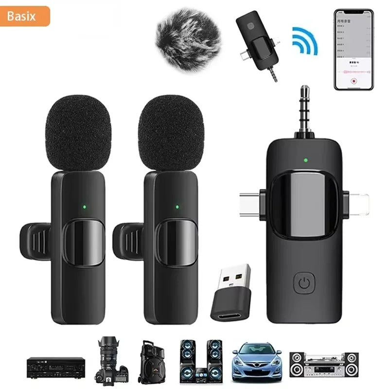 Microfone Sem Fio 4 em 1 Basix – Qualidade Profissional para iPhone, Android e Câmera
