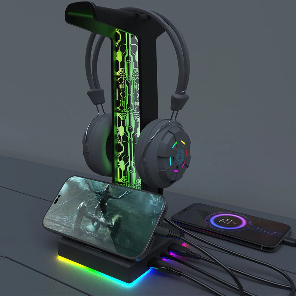 Suporte para Headset Gamer RGB – 10 Efeitos de Luz | Porta USB & Áudio 3.5mm | Suporte de Mesa