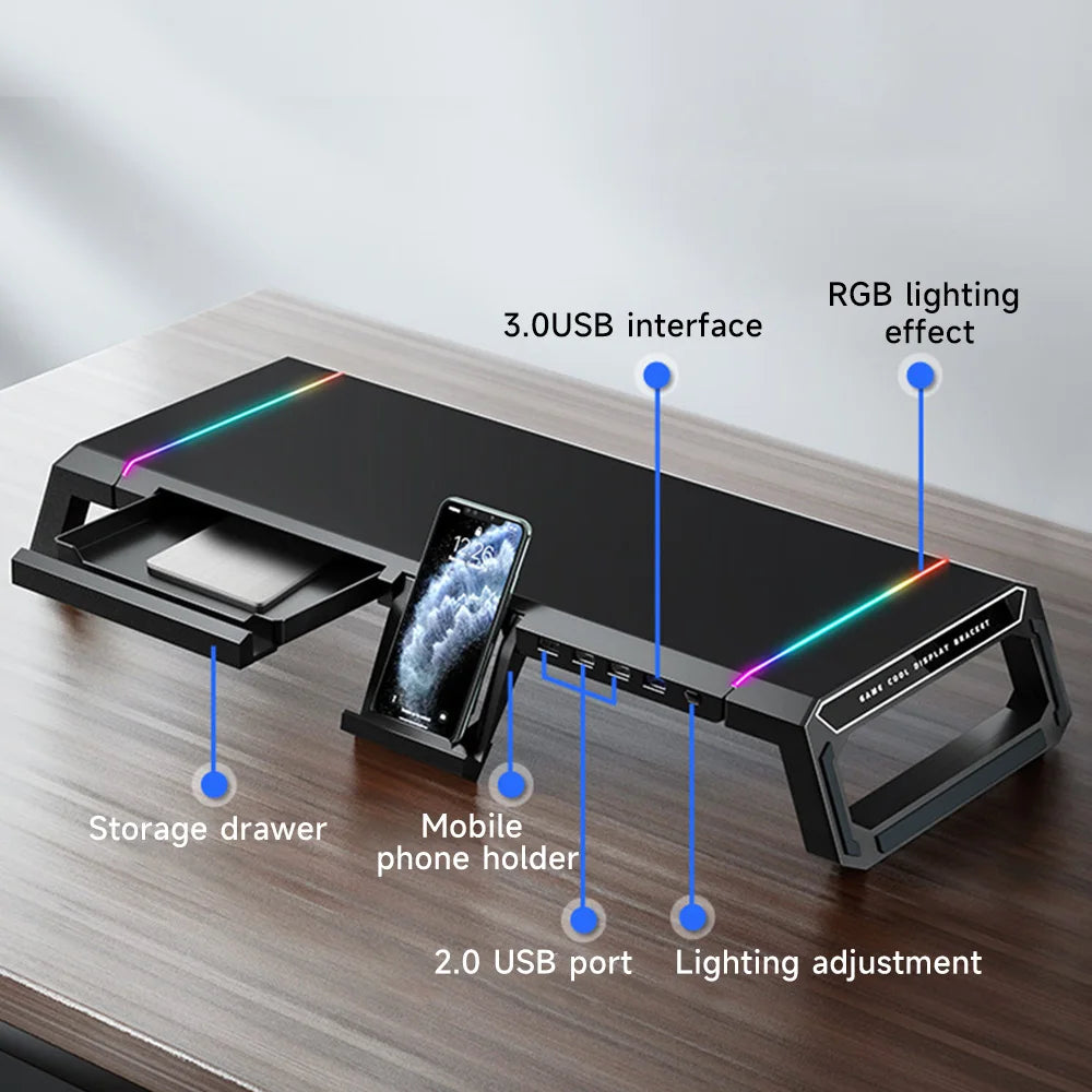Suporte de Monitor Gamer RGB + 4x USB 3.0